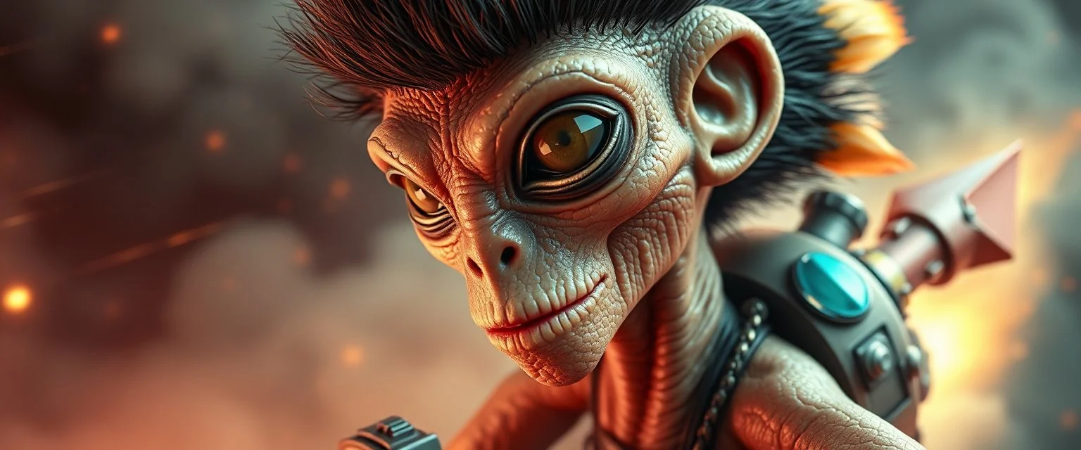 close up portrait with fine pores and real skin texture, clear transparent skin, wise eyes, hairy macho disco kiwi alien pimp indian Homunculus – living in a hi tech marvellous hot dog art graphics and gems on rocket with a mounted sling shot mega harpoon, heading for venus , background motion blur and smoke swirls