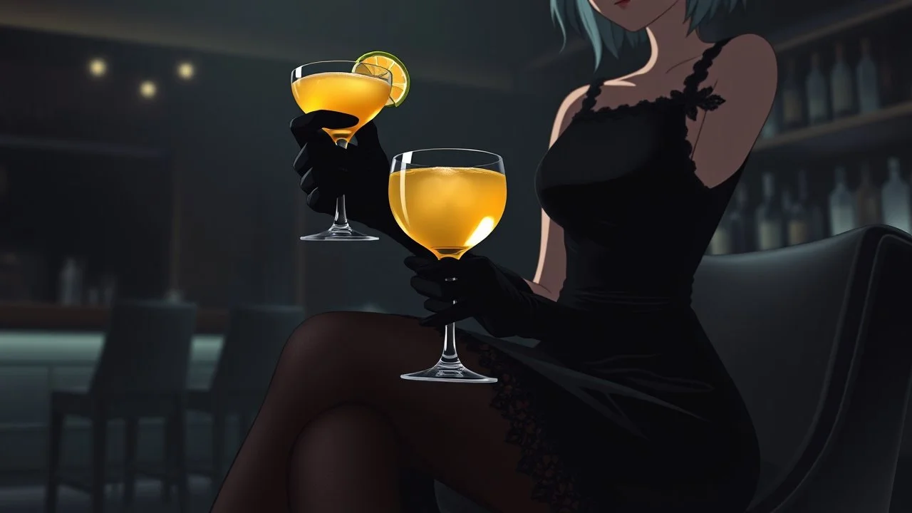midle close up gray-toned, contrasting graphics, a lady in a black casual dress, black lace nice nylon stockings sitting on a bar chair in bar, holding a yellow mimosa cocktail in her long black gloved hand, atmospheric, strong contrasts, shadowy background, focus on the hand holding the cocktail, moody, pale ligts, anime style, cinematic