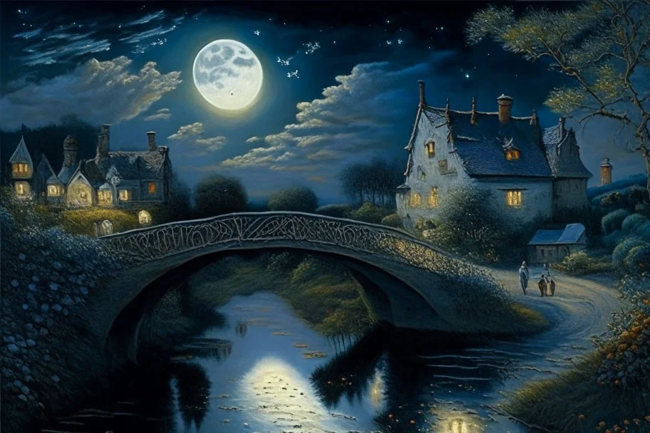 A Cotswold village, a brook, a bridge, Full moon, beautiful celestial sky, Milky Way, hyper-detailed art by Ivan Kramskoi. elegant intricate oil on canvas beautiful high detail award winning fantastic view crisp quality hdr