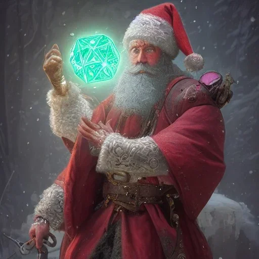 Insanely detailed photograph of an “D&D cleric santa holding glowing D20” with intricate detailed beard, intricate embroidered clothing, hyperdetailed painting by Ismail Inceoglu Huang Guangjian and Dan Witz CGSociety ZBrush Central fantasy art album cover art,8K, hdr, mysterious, ominous, snowflakes,jolly