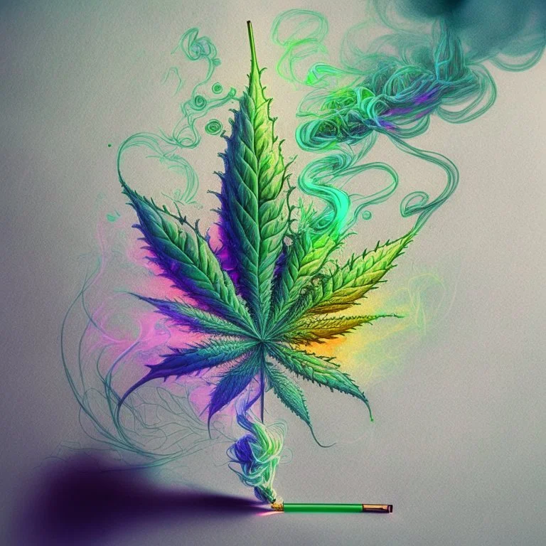 Create a surreal artwork sketch depicting a vibrant cannabis plant emerging from a cigarette, with smoke tendrils intertwining around it.