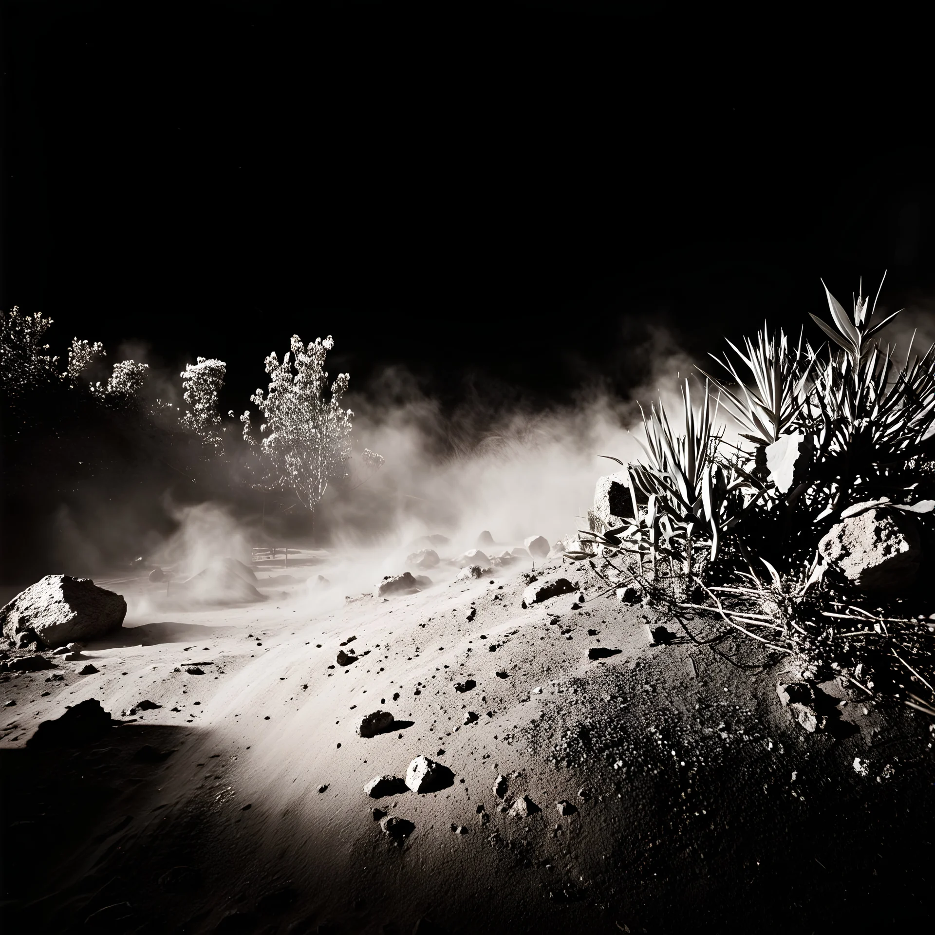 A striking quality Kodak photograph captures a wasteland with monsters and group of plants, creepy, details of the dust very accentuated, glossy organic mass, adorned with minerals and rocks. Bathed in intense light, eerie, Max Ernst style, black sun, fog