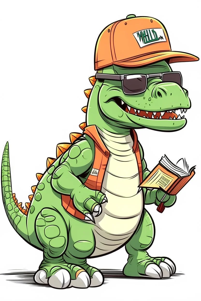 a cartoon dinosaur wearing a baseball cap and sunglasses, HOLDING ARE WRRITTEN BELO READ