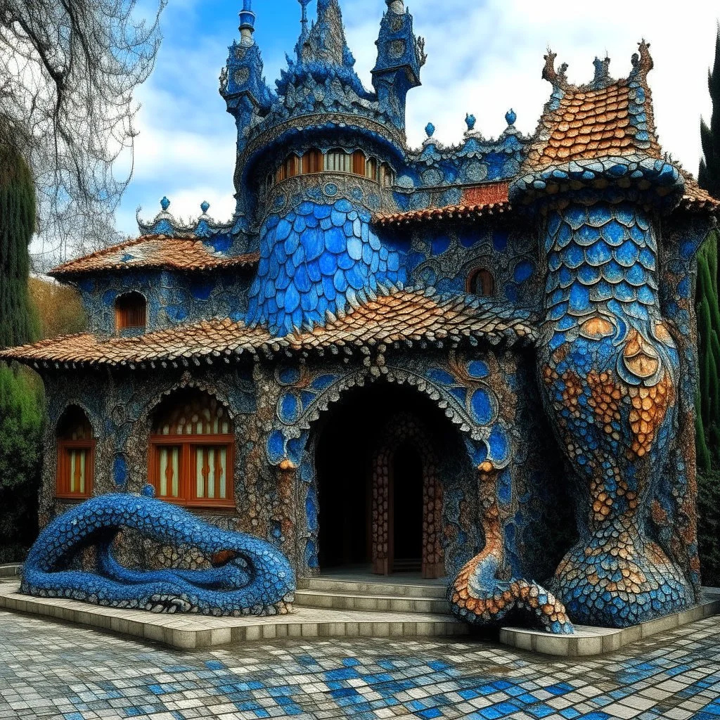 A dark blue palace with a fiery volcanic dragon designed in ancient Roman mosaics painted by Vincent van Gogh