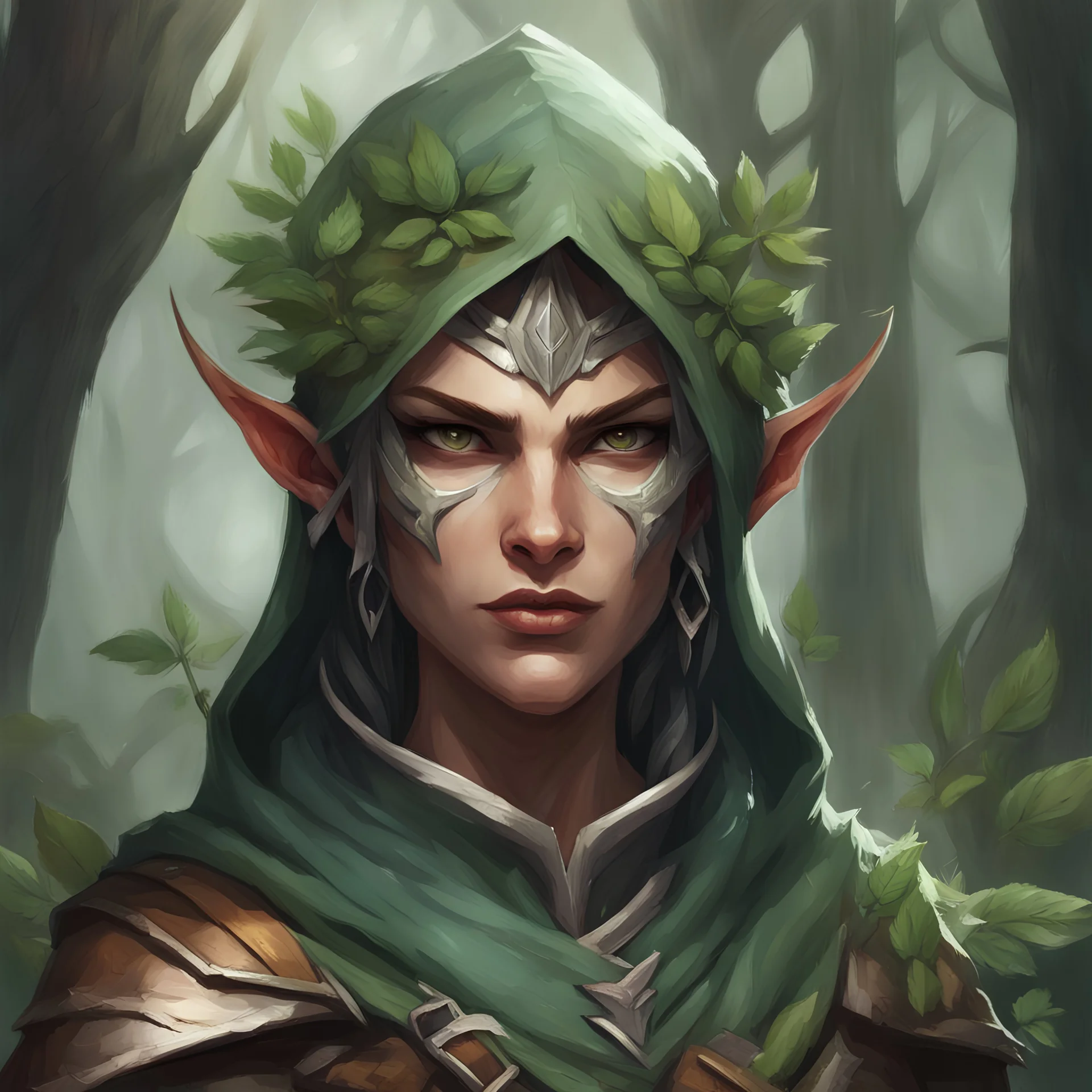 Generate a dungeons and dragons character portrait of the face of a female Eladrin. She is a hunter that lived in the forest and loves animals and plants. She looks a bit threatening and always looks a bit angry. She wears a circlet made of plants and a hood. Use Sylvanas Windrunner as insperation.