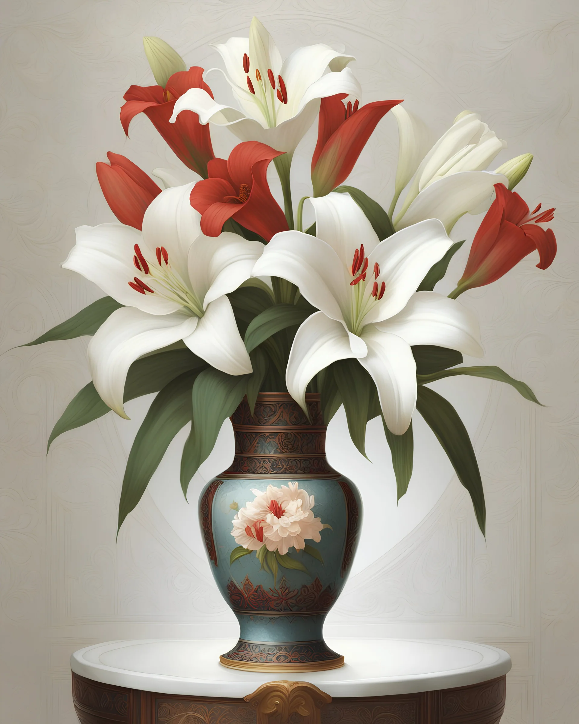 A painting of beautiful white lilies bouquet in a vase, Van Gogh Style, full frame, facing frontal, with very detailed red machine components, cream background, cream colour background, bright background landscape, ornate, intricate, complex, highly detailed, digital painting, smooth, art by tom bagshaw, akihiko yoshida, highly detailed, realistic, Van Gogh