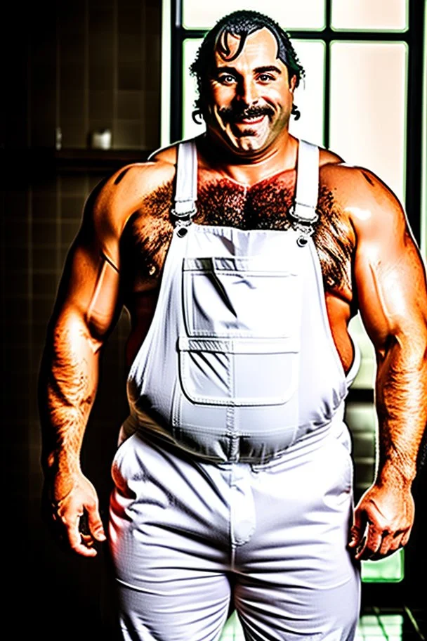 photography of a burly chubby italian plumber dressed with white overalls smiling under the shower 41 years old