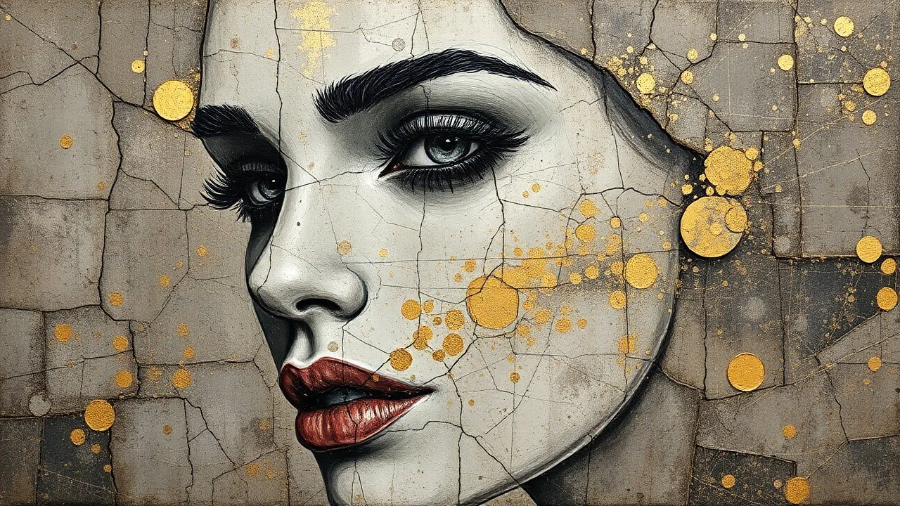 Woman, Textured and cracked paintings with gold flecks