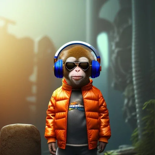 Monkey toddler, steampunk headphone, sunglass, gangsta neckless, full body, orange puffer jacket, tokio background, dramatic lighting, hyper realistic, unreal engine 5, 16k