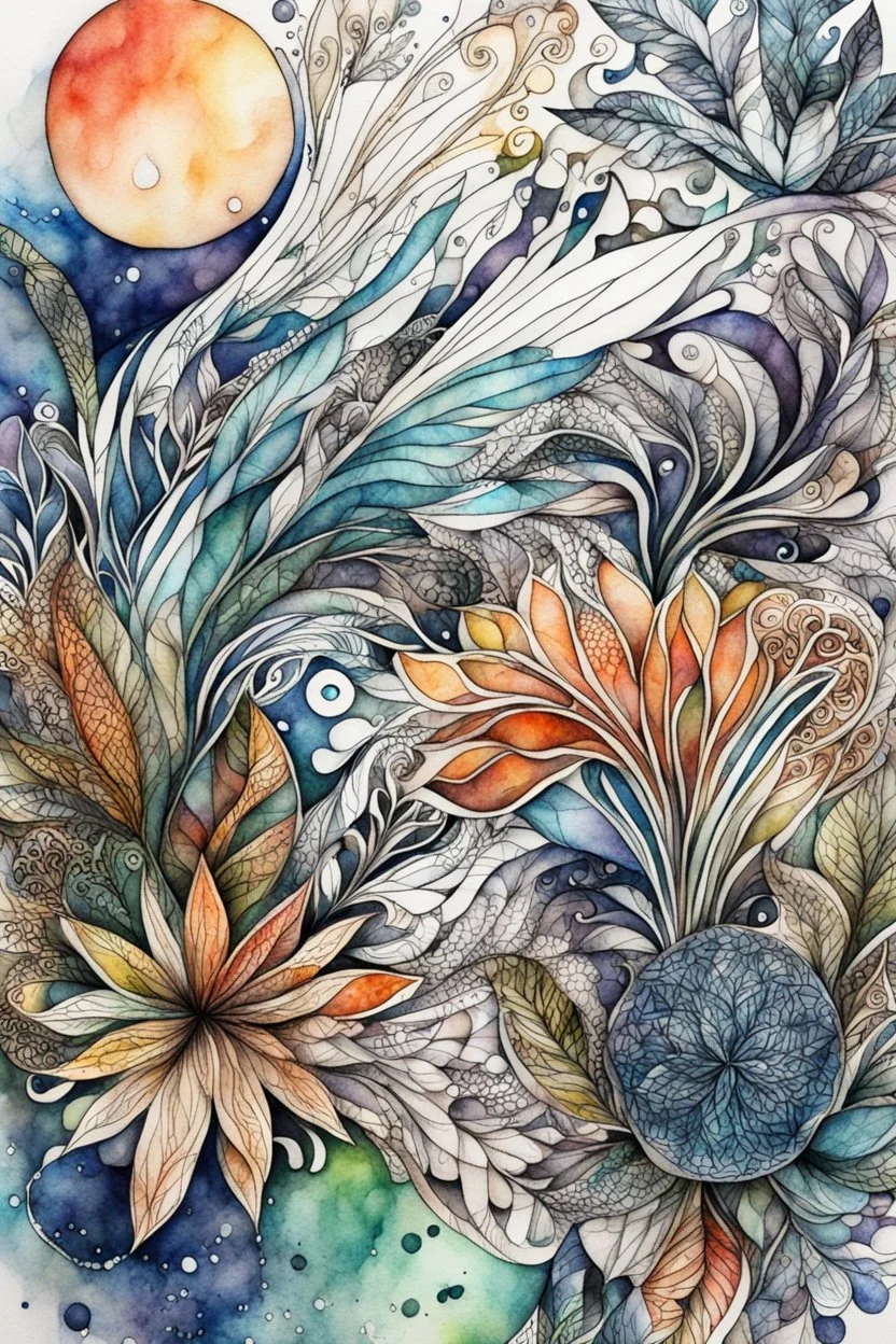 random watercolor Zentangle patterns that depict the personification of Nature, highly detailed, with fine ink outlining