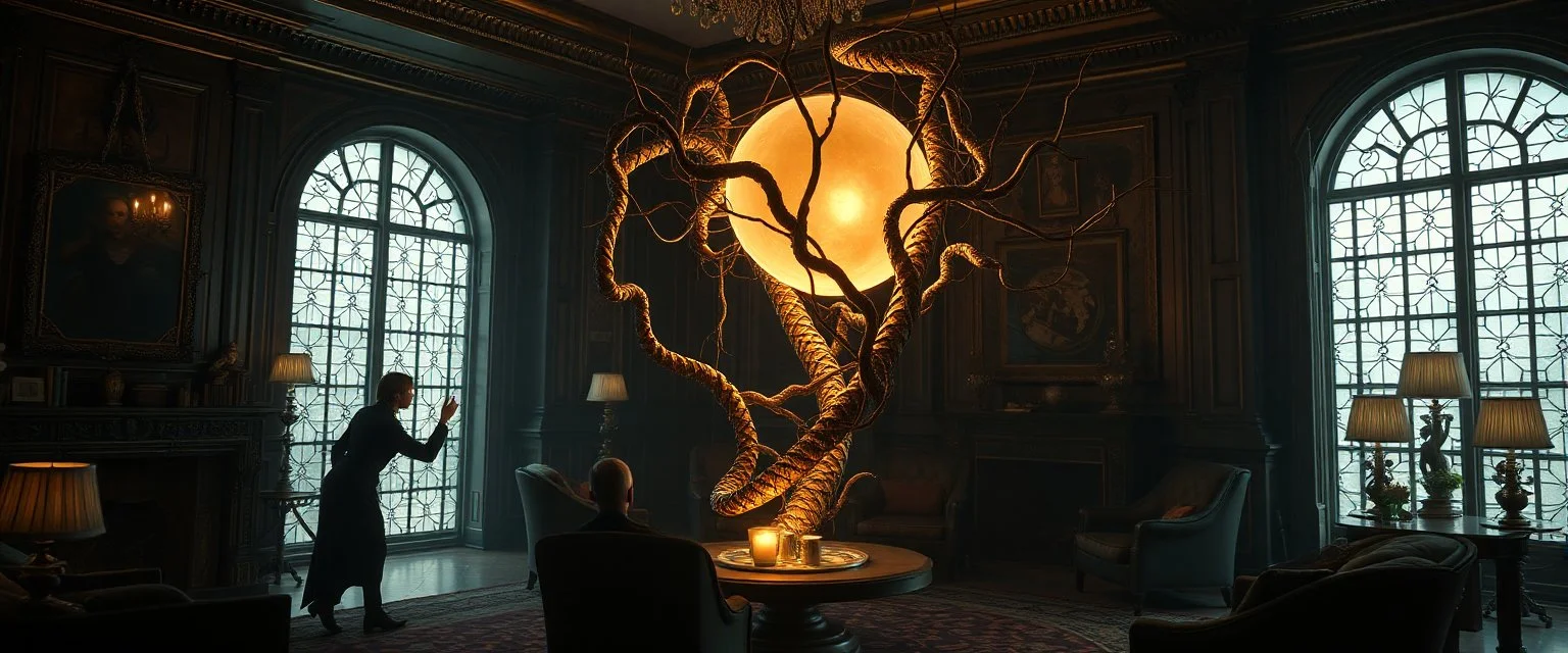 Lotsa goths trying to contain energy from floating glowing vessel made by twisted snakelike sticks creating weird geometric form in dramatic scene in luxury parlour in the style of Giger and Escher