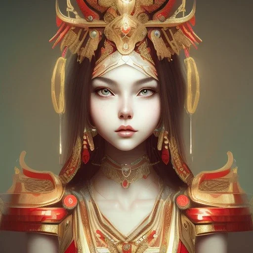 cute girl, egypitan head dress, red body suit. intricate details, full body portrait, keep head in frame, smile, black Japanese motif, concept art, highly detailed, digital painting,