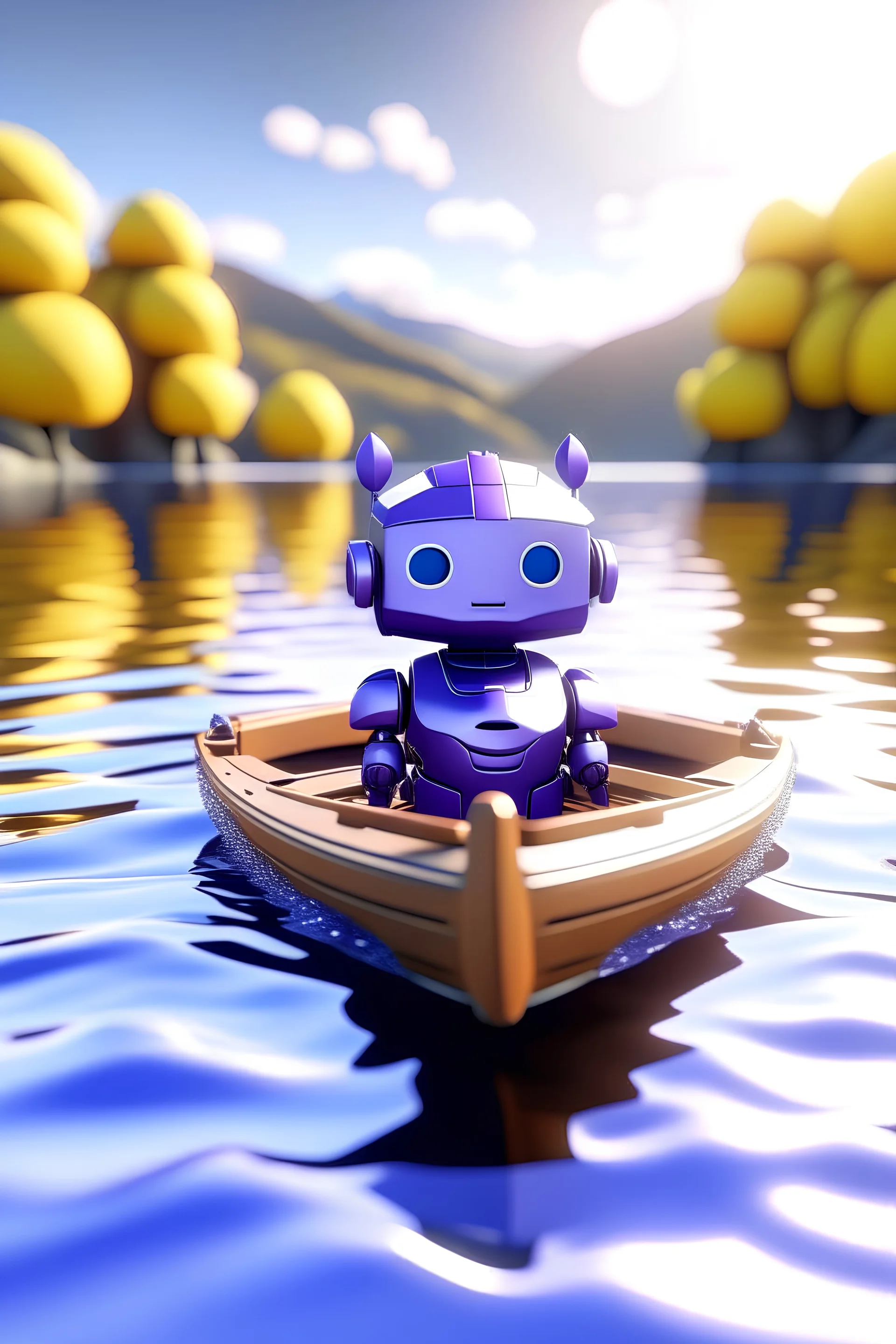 Chibi purple metallic robot enjoying a row boat ride in the middle of the lake on a sunny day