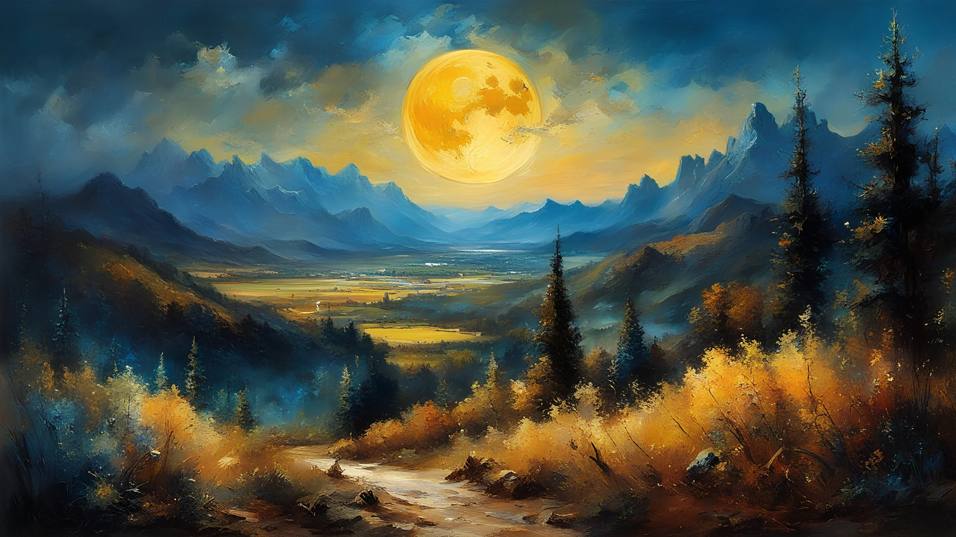 landscape by Gustave Moreau, Thomas Kinkade, James Gurney. Carne Griffiths. Frank Frazetta. van gogh, Alberto Sevesooil paint, masterpiece, Realistic, deep colors, blue tint, only bronze gold moon, night scenery, fields, Field, Intricate, detailed, sharp, clear, Better image quality, harsh brush strokes