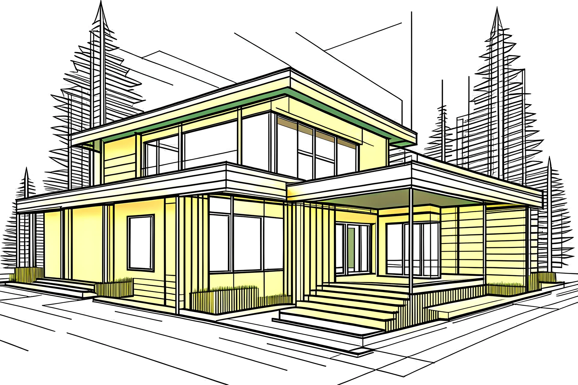 a color image of a house with a forest behind it and a car parked in front of it visualization of the render project