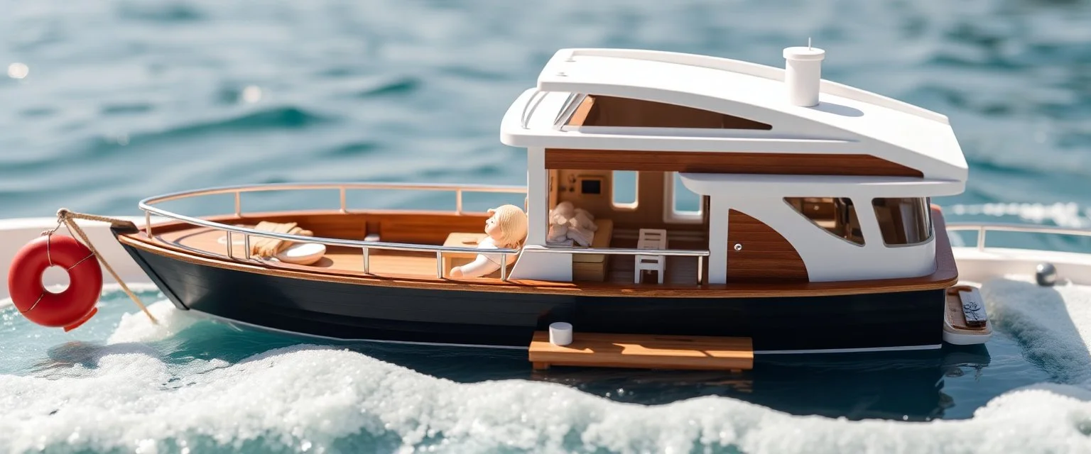 doll house by water with doll cabin cruiser