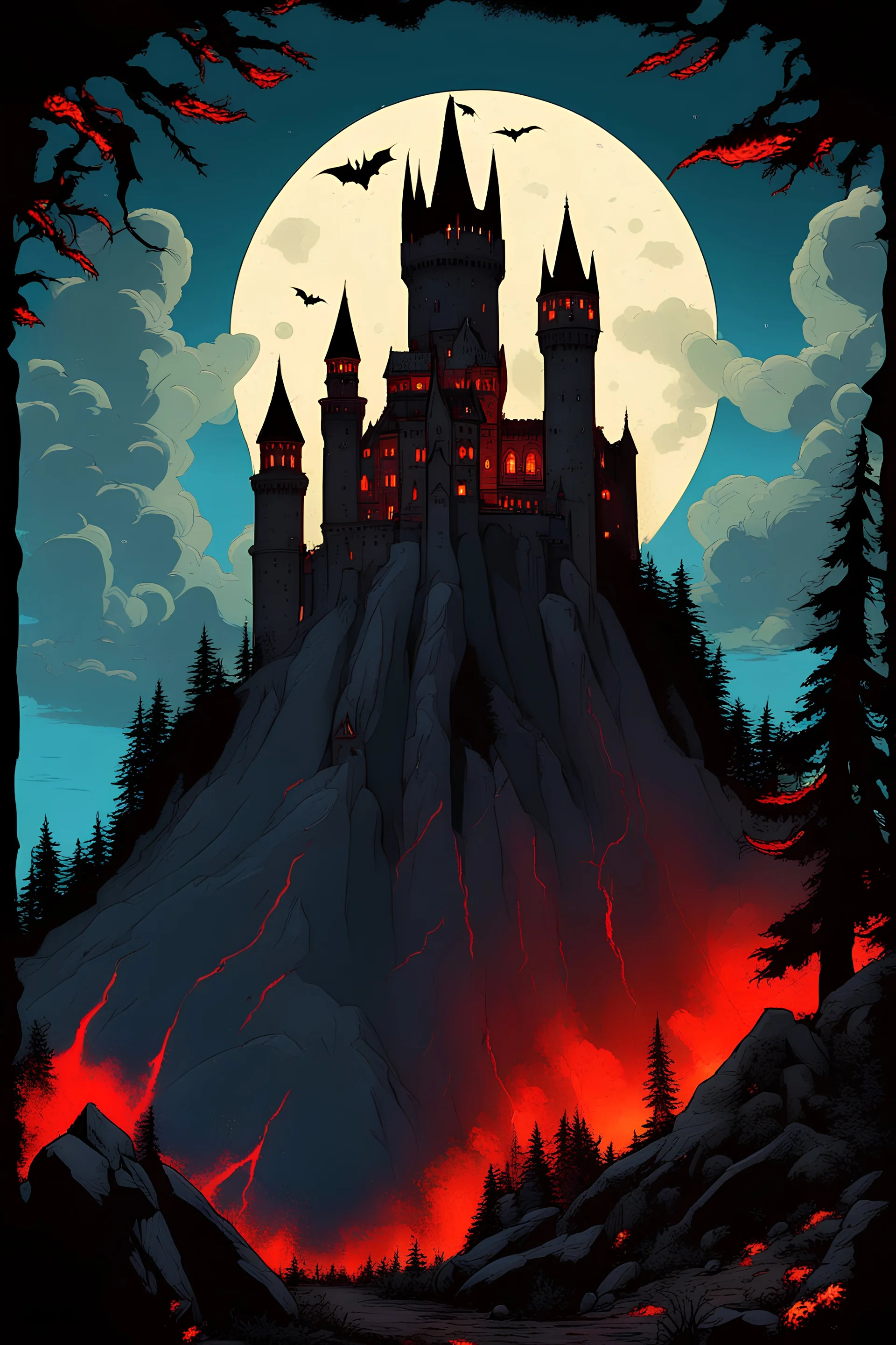 fire, lightning, wind, rain, volcanic lava, fireworks, explosions, multicolored neon lights, Count Dracula with red eyes and sharp fangs, craggy trees, giant boulders, dust, smoke, fog, clouds, bubbles, Neuschwanstein, Mont Saint-Michel, giant bats, giant gargoyles, Ogers, Dragons, Bigfoot, Frankenstein, Wolfman, the mummy, Giant Pee Wee Herman monster, an albino cat, snow white zombie