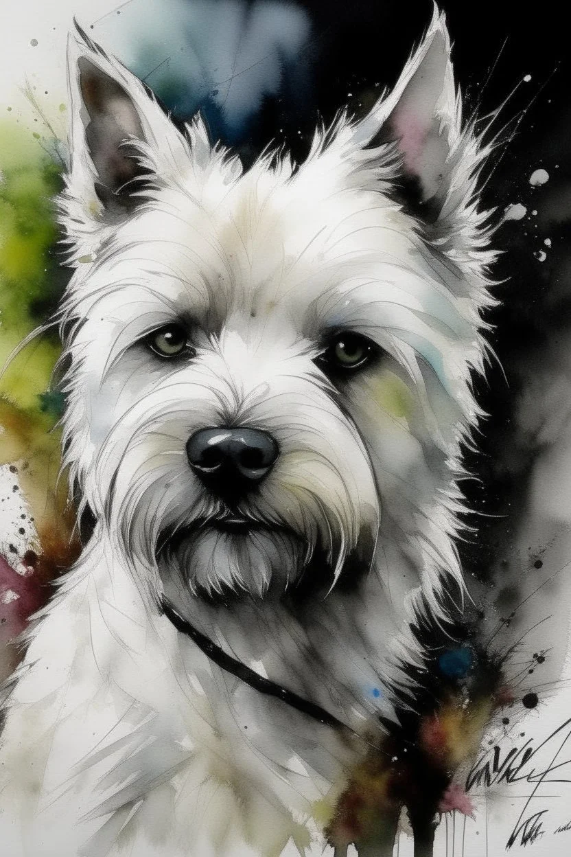 Portrait of a White West highland terrier dog with gentle expression in loose watercolour, wet on wet, and splattering in the style of Agnes Cecile, Willem Haenraets, Yoji Shinkawa, Guy Denning, Florian Nicolle with chalk and rough pastel on rough, textured paper