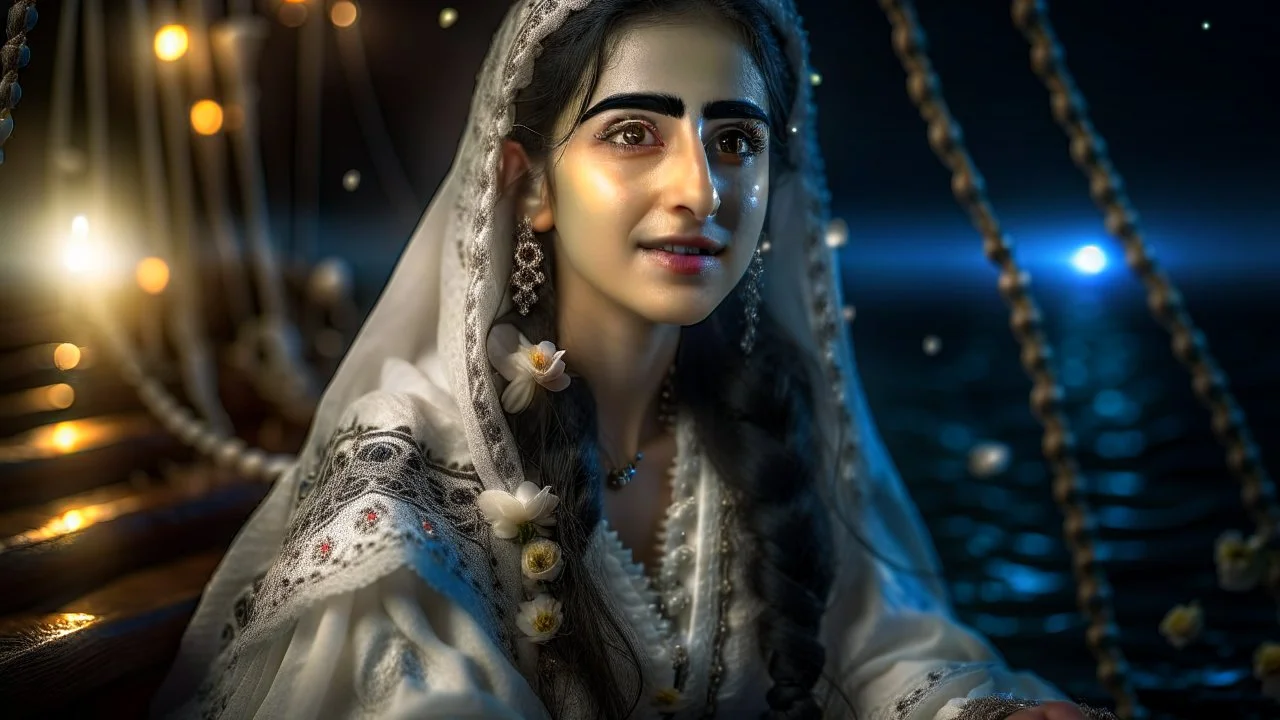 Hyper Realistic Photographic-Close-View Young Beautiful Happy Pashto Woman-Alone with beautiful eyes wearing white-embroidery-Dress-with-velvet-black-shawl Happily-Sitting in a ship-decorated-with-flowers-&-garland-lights in-the-middle-of-sea with cloudy-moonlight at beautiful-dark-night showing dramatic & cinematic ambiance.