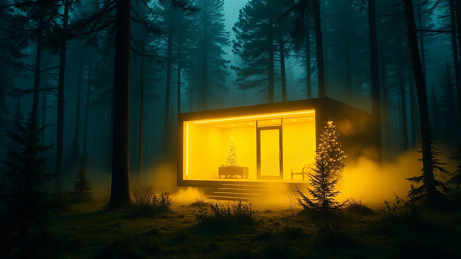 cenário de Natal em uma cabana moderna e minimalista, situada em uma floresta densa em um cenário desolado e sombrio, ambiente ao redor parece ser uma paisagem futurista com neblina amarela. A sensação geral é de abandono e mistério, o ambiente com luz neon amarela e neblina neon agora inativo forte com a escuridão do cenário.