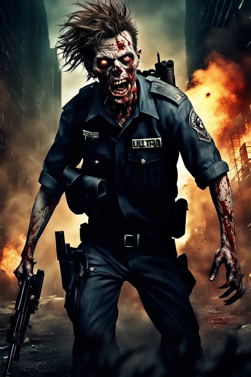 close-up ultra detailed and real looking image, 12k ultra high definition, sexy and cool looking zombie with human features, wild hair, he is a policeman, wearing a police uniform with bullet holes, epic action shot view of him storming towards camera with bazooka in hand, explosive and chaotic background, epic good looking zombie