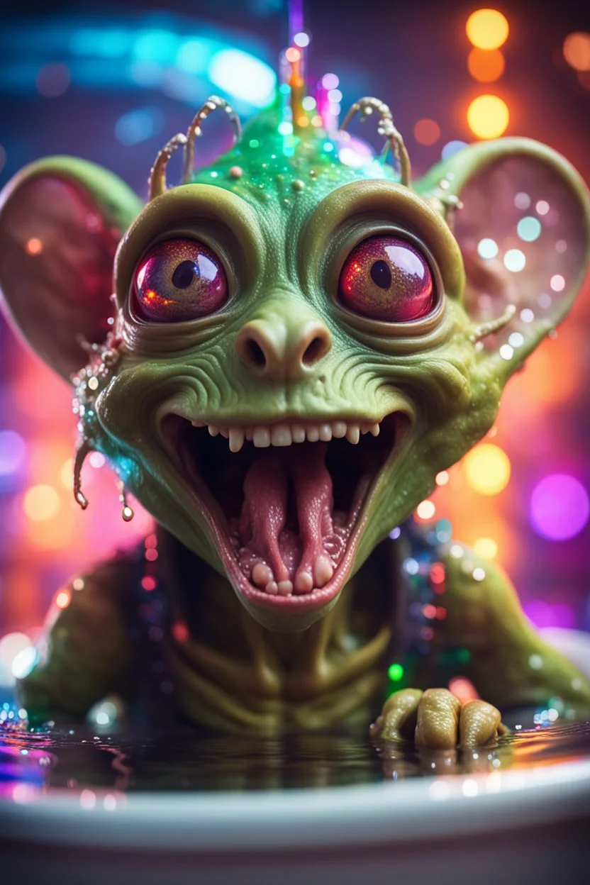 portrait of ultimate transcendent happy disco helmet wested pimp goblin gremlin weasel alien rasta frown with spotlights and huge dripping forked tounge sticking head out of a bathtub portal, in front of space portal dimensional glittering device, bokeh like f/0.8, tilt-shift lens 8k, high detail, smooth render, down-light, unreal engine, prize winning