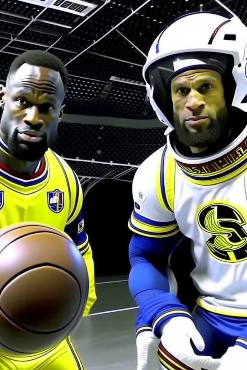 lebron james in space with steph curry and a basketball