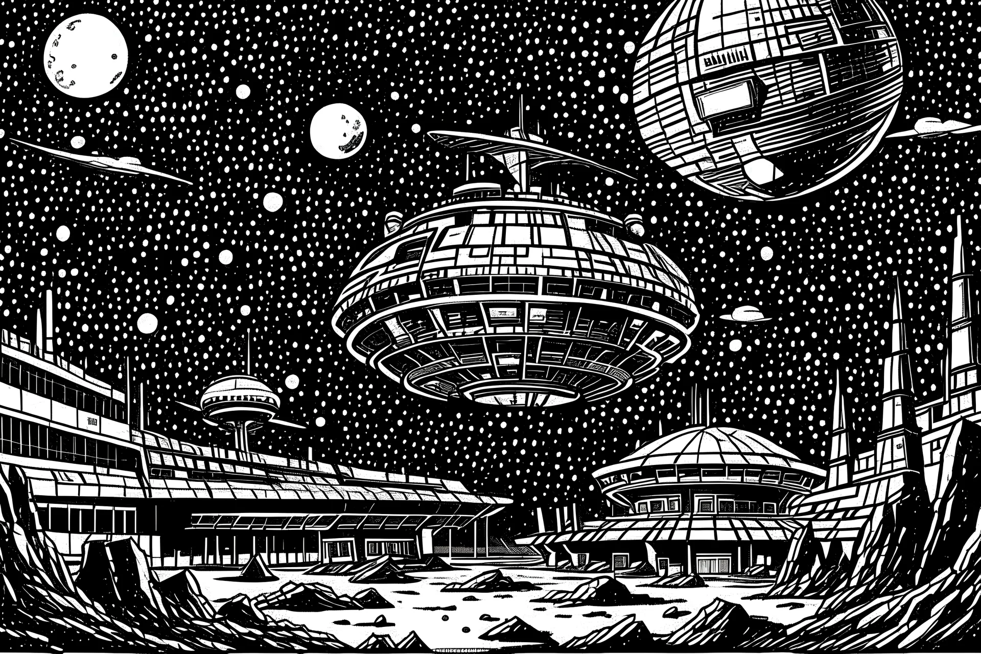 abandoned militias space base outpost interstellar travel port. unidentified flying object spaceship landing on moon. red-eyed bejeweled royal amphibious humanoid. high contrast black & white illustrations. mid century. distinctive mad magazine parody cartoon comic book drawings world class. top notch