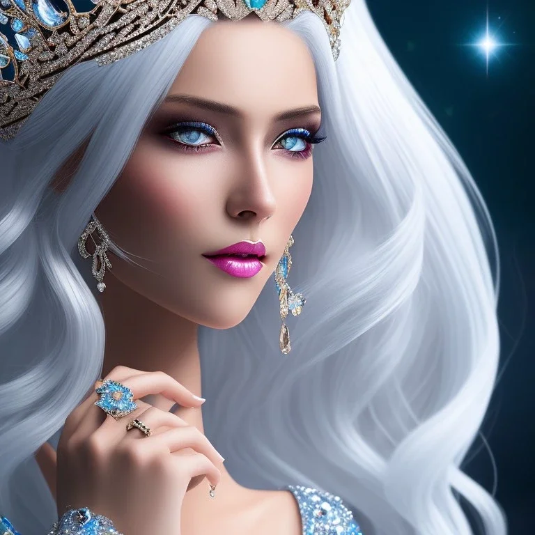 Ice Princess with white hair, a crown with precious stones, bright background