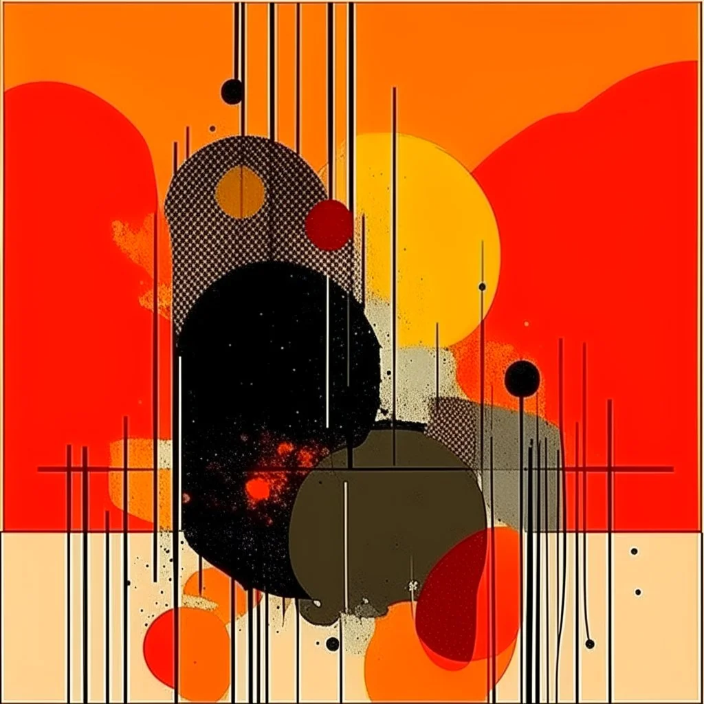 diffused cosmic conspiracies, abstract art, pinpoint light clusters, by Graham Sutherland and Victor Pasmore, silkscreened mind-bending abstractist metal etching, asymmetric, cigarette burn textures, orange and black colors of differing hues, orange monocolor