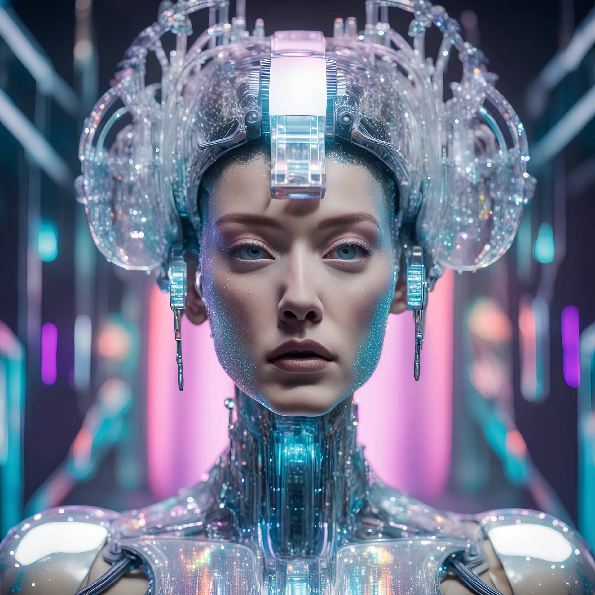 Organic, cyborg Ai queen with neuralink headgear, on an inter dimensional catwalk, half perfect human face, clear acrylic plastic film, full body shot, catwalk fashion show, iridescent, surreal, Salvador Dali meets pixels,waterhead, dj style, neon white with sparkles