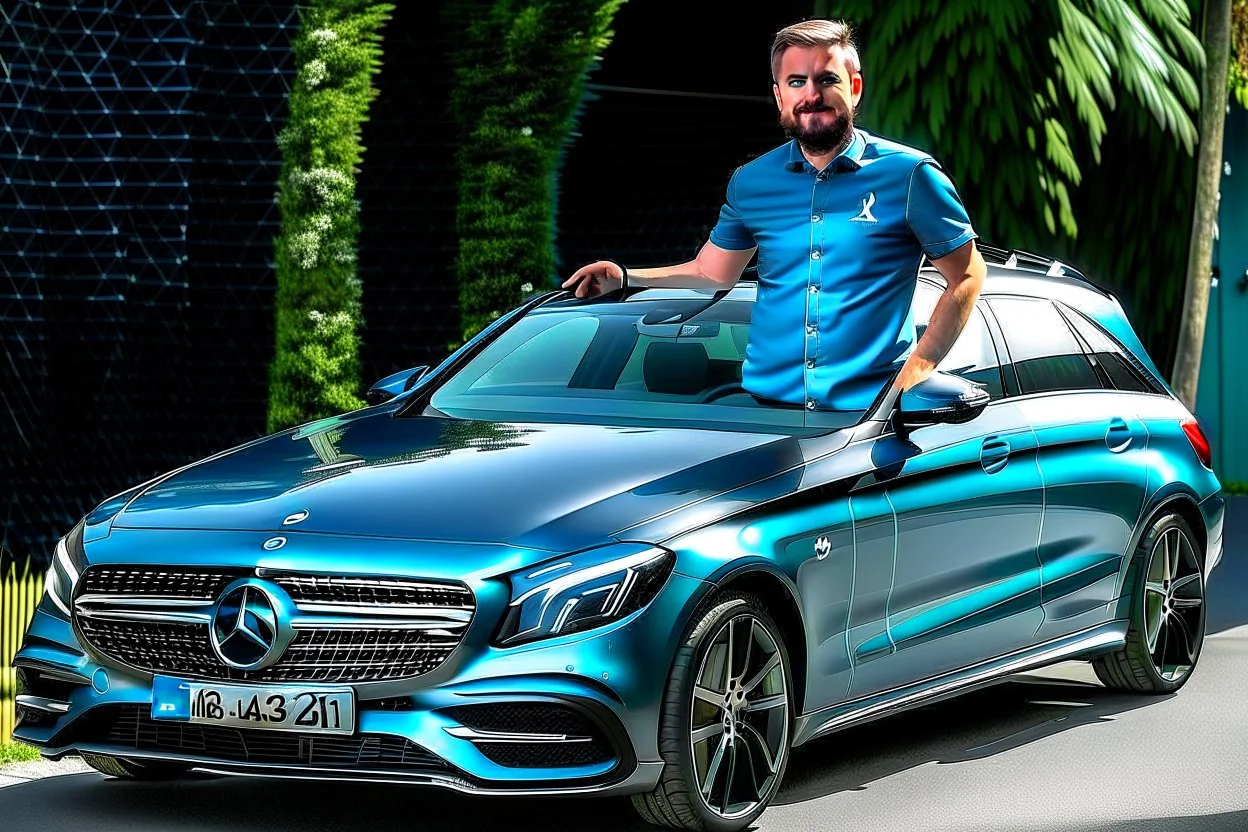 Foto aus dem Jahr 2020, typischer Mercedes-Benz-Fahrer steht stolz neben seinem Mercedes Shooting Brake