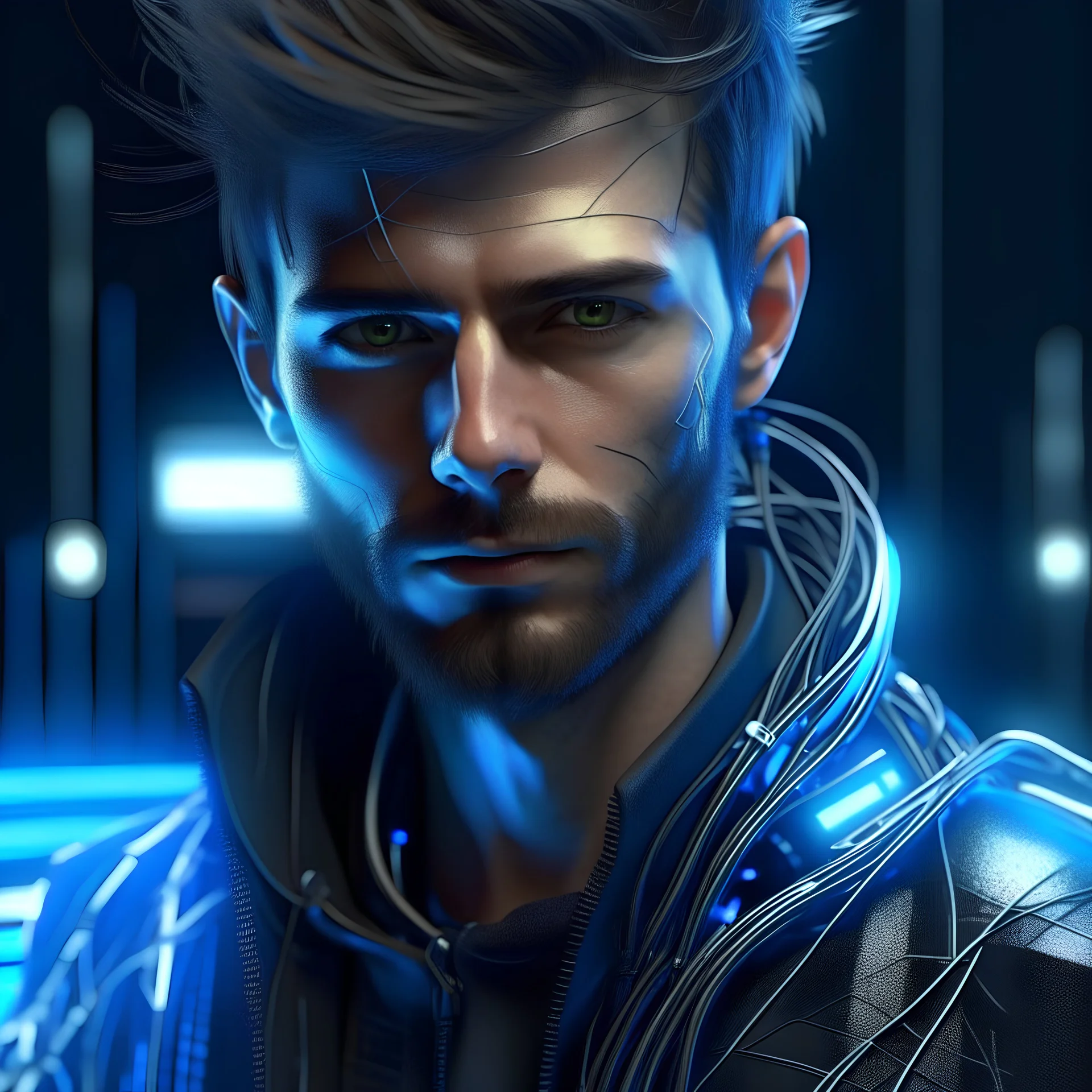 An handsome and cool man with cyber enchant, hyper realistic, ultra detailed, ultra realistic, super realistic,3d, digital art