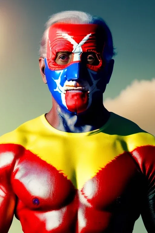 realistic image of joe biden as a mexican wrestling fighter posing, Mexican eyes wrestling mask, red and blue breeches, retro style, 80s, vibrant color, highly detailed, sky background, concept art, unreal engine 5, god rays, ray tracing, RTX, lumen lighting, ultra detail, volumetric lighting, 3d, finely drawn, high definition, high resolution.