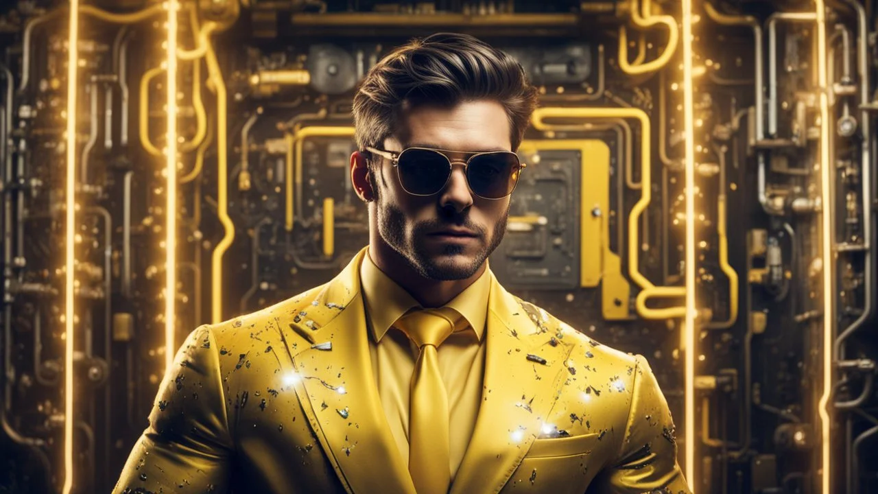 Hyper Realistic handsome muscular Electric-Superhero wearing long-fancy-yellow-tuxedo & fancy-sunglasses in a dark-rustic-circuit-room with electric-sparks & a massive circuit-board-wall