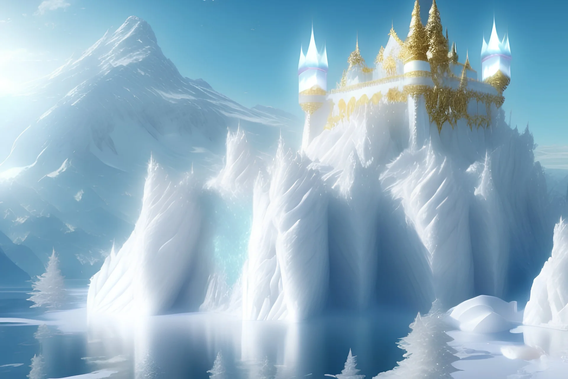 magic fantasy white castel white mountain, ice, white beautiful fairy silver and gold
