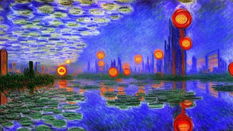 Fantasy cyberpunk world, claude monet painting