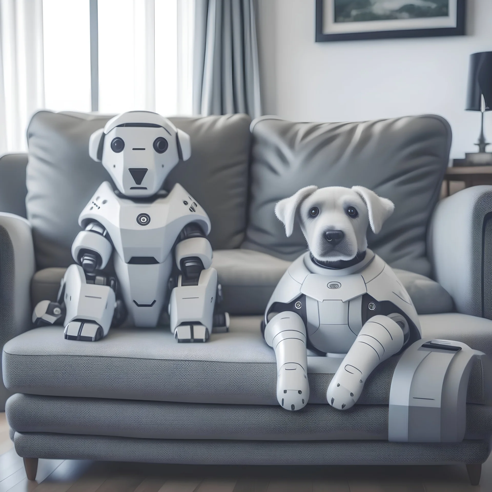 Funny image of a big robot sitting on a sofa, holding a real-life fluffy puppy