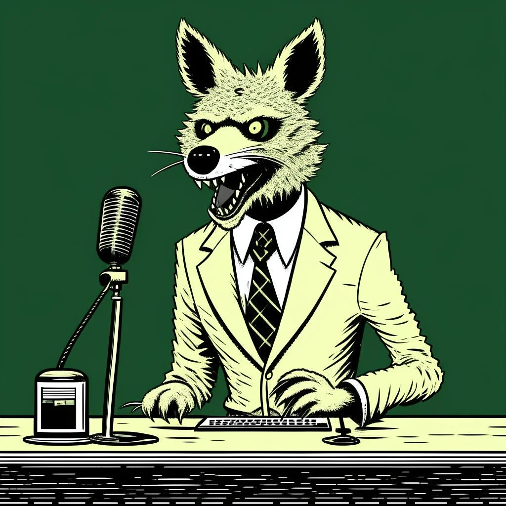 Hyena in a suit and tie, as an announcer sitting at the transmission table with a microphone presenting a newscast. Sandro Botticelli cómic style. Ultra quality