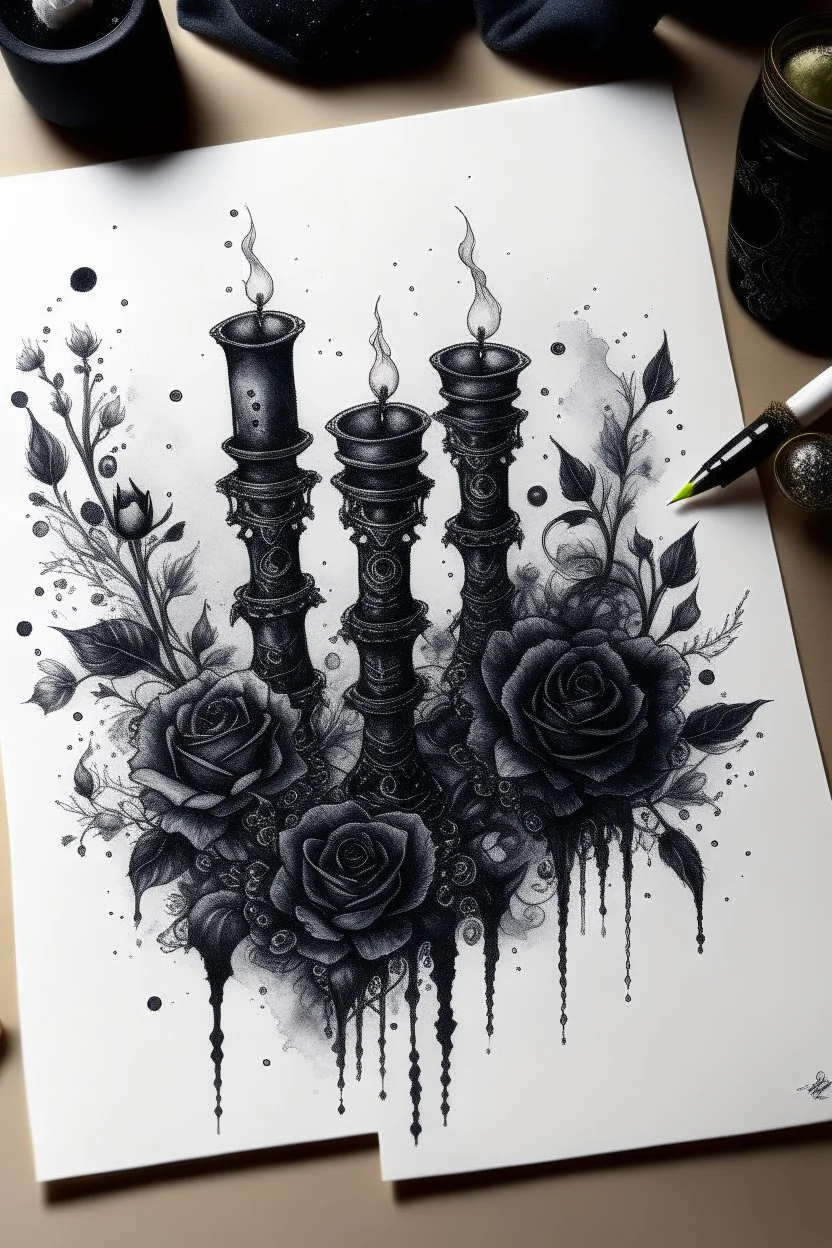 watercolor drawing with Gothic black candles, black lace, pearls, black roses on a white background, trending on Artstation ::{creative commons}:: Illustration :: Color correction:: Filmic, Nikon D750, Brenizer Method, Perspective, Depth of Field, F/ 2.8, Lens Flare, Tonal Colors, 8K, Full-HD, ProPhoto RGB, Perfectionism, Frame Illumination, Natural Lighting, Soft Backlight