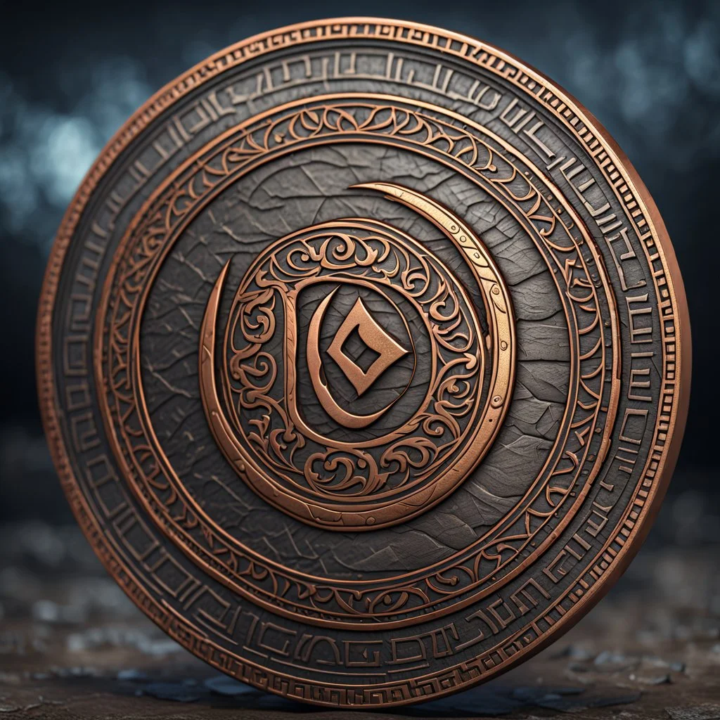 a small copper coin called a crescent standing on edge. ancient viking runes. flat coin. show one whole coin front on at a distance. fantasy concept art, exquisite realism, a masterpiece, dynamic lighting, hyper detailed, intricately detailed, deep color, Unreal Engine, volumetric lighting , Epic cinematic brilliant stunning intricate meticulously detailed dramatic atmospheric maximal,