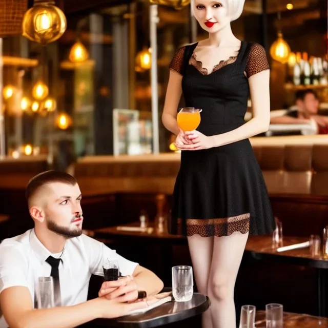 Russian guy young widow short man's haircut men's face boyish features in black girlish lacy cocktail dress in restaurant