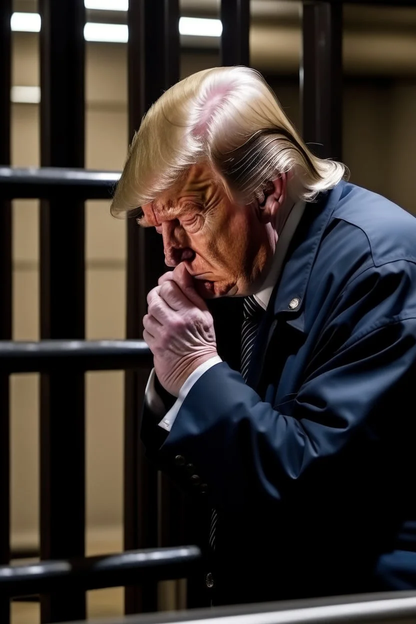 president donald trump angrily crying in a prison cell