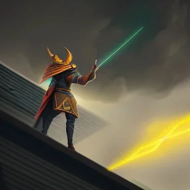 Close up, Rooftop view, Enourmous Paladin casting a hologram shield spell, covering a Home, encroaching storm, ominous color palette, 2k resolution, high-quality, detailed matte, volumetric lighting, illustration, Dave Greco