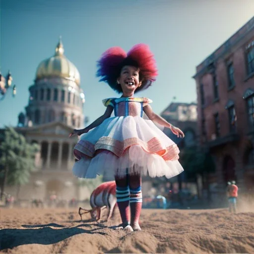 Ultra realistic circus scene. Sweet big hair monster flying. playing with Child’s, smile, happy, color bubbles, smooth color, waist up view, Wes Anderson style, a lot of people background, highly detailed, concept art, unreal engine 5, god rays, ray tracing, RTX, lumen lighting, ultra detail, volumetric lighting, 3d, finely drawn, high definition, high resolution.