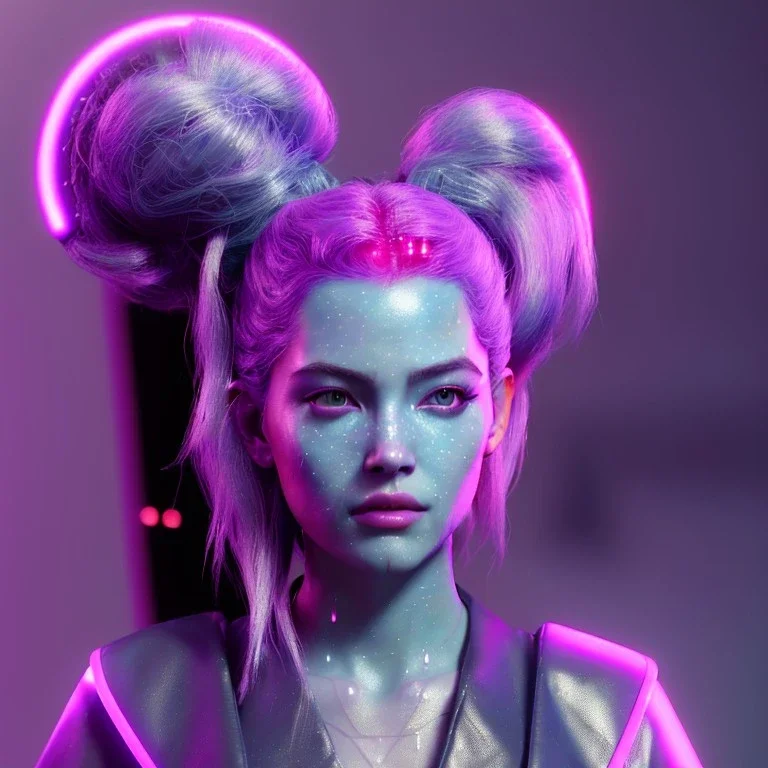 Pretty cyber woman, silver hair, sci-fi, sweet face, black, natural, pink, geisha style, symmetric plane, neon style, a lot of led lights, fog, rain, leather coat, vibrant color, highly detailed, art stations, concept art, smooth, unreal engine 5, god rays, ray tracing, RTX, lumen lighting, ultra detail, volumetric lighting, 3d, finely drawn, high definition, high resolution.