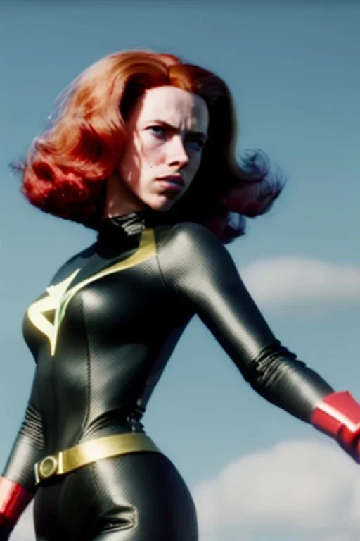 retro portrait image from 1960, sky background, wind, long red hair, fighting stance, sweet young Scarlett Johansson, black dress, classic long tight lycra black suit, gold bracelet and belt, high heel boots, superhero style, soft color, highly detailed, unreal engine 5, ray tracing, RTX, lumen lighting, ultra detail, volumetric lighting, 3d, finely drawn, high definition, high resolution.