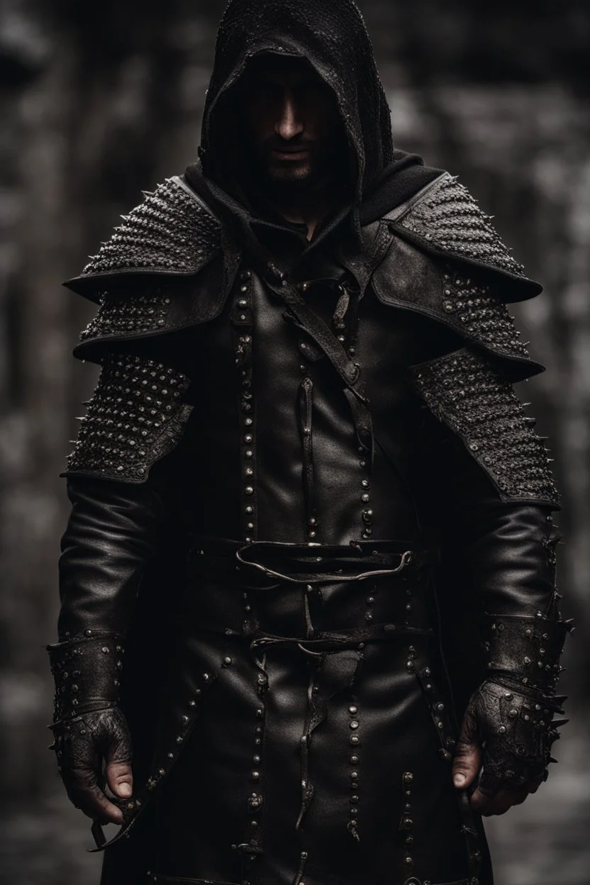 hooded man wearing studded leather armor