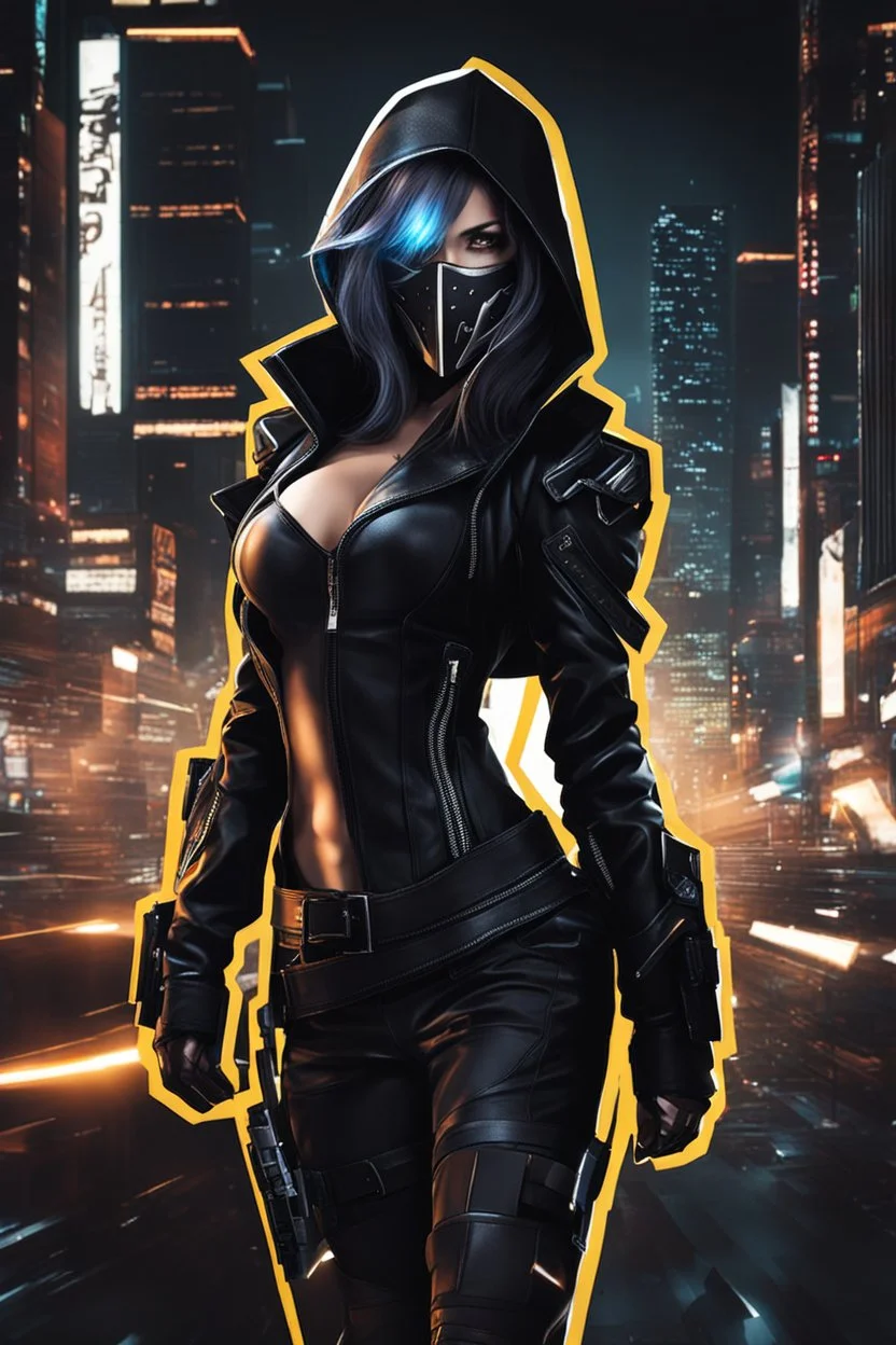 Full body,Half-cyborg demon female cyberpunk assassin wearing a metal mask, black jacket,walk in night city background