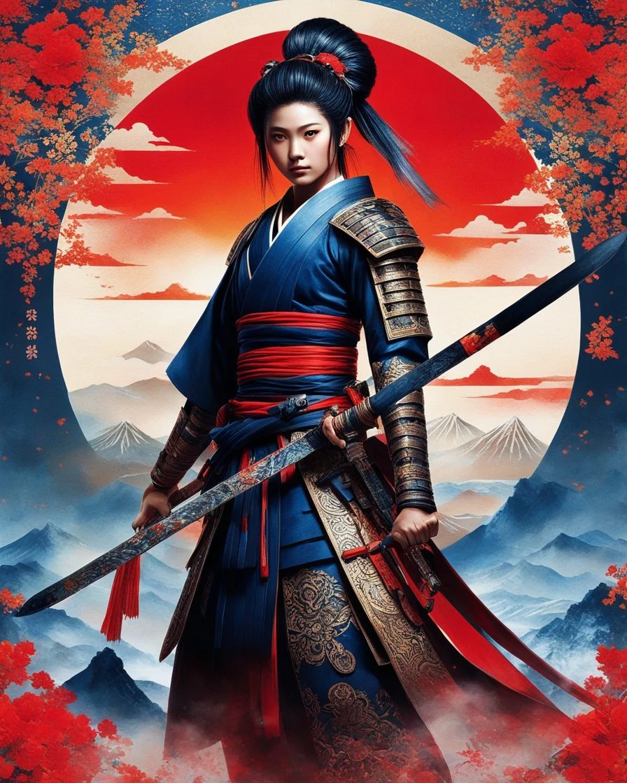 Create an image that is more interesting and cool, featuring a warrior katana in traditional japanese attire with modern or futuristic elements, set against a vibrant and detailed background that blends cultural motifs with imaginative designs